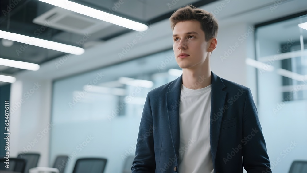 A young man in a blazer stands thoughtfully in a modern office environment. A young man in a blazer stands thoughtfully in a modern office environment.
