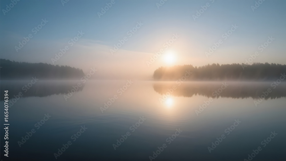 Fototapeta premium Sunrise Over a Misty Lake with Reflective Waters and Silhouetted Trees