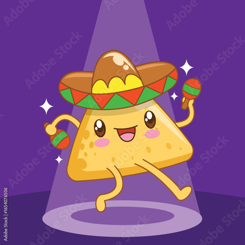 Hand drawn cute kawaii nachos wearing hat cartoon illustration