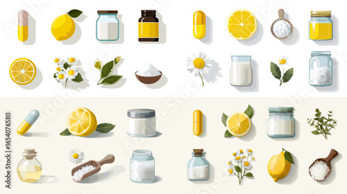 Healthy vitamin C and supplement illustration with lemon, chamomile, jars, and capsules. Perfect for nutrition, healthcare, and organic wellness projects.