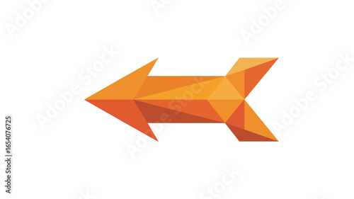 An abstract geometric arrow pointing left, constructed from orange and yellow triangular facets