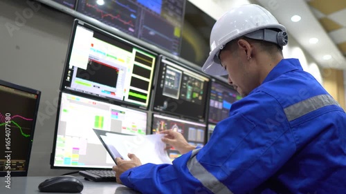 Engineer working in industrial control room with multiple computers and monitors, focusing on programming, automation, data analysis, computer engineering, technology system, and industrial process ma