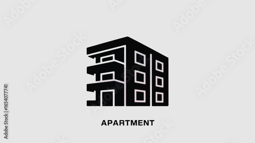 A black and white graphic illustration of a stylized apartment building with visible balconies and windows