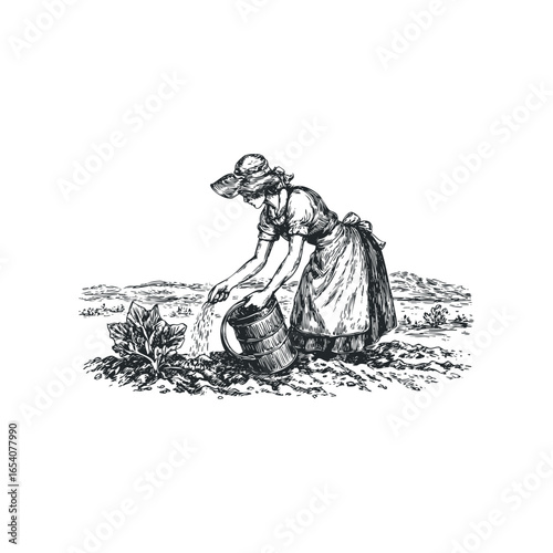 Woman in vintage clothing scattering seeds in a field with distant hills