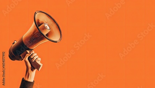 Hand holding megaphone against orange background