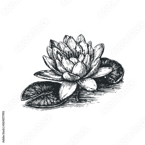 Detailed Ink Sketch of a Water Lily Flower with Lily Pads
