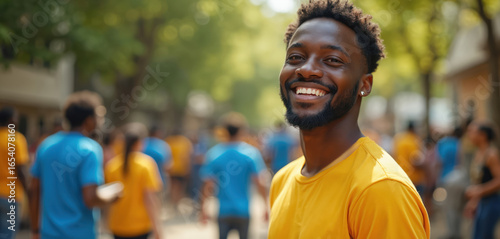Smiling African American man participates in outdoor community event. Volunteers work together in park setting. Focus on positive teamwork, social connection, summer fun, civic engagement activities.