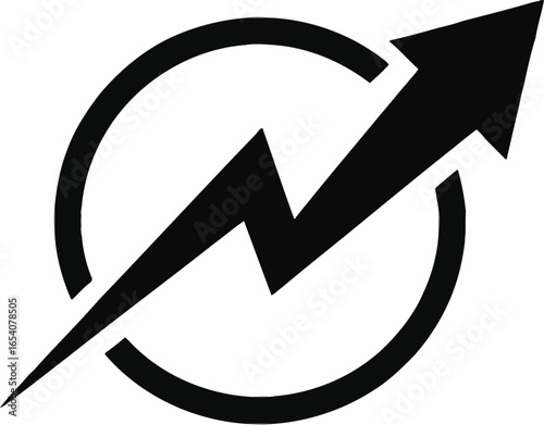 A black and white graphic of an upward pointing arrow with a zigzag pattern inside of a circle shape
