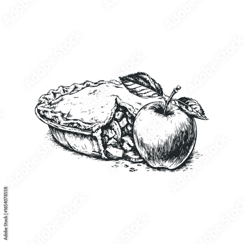 Sketch of a Rustic Apple Pie with a Fresh Apple and Leaves