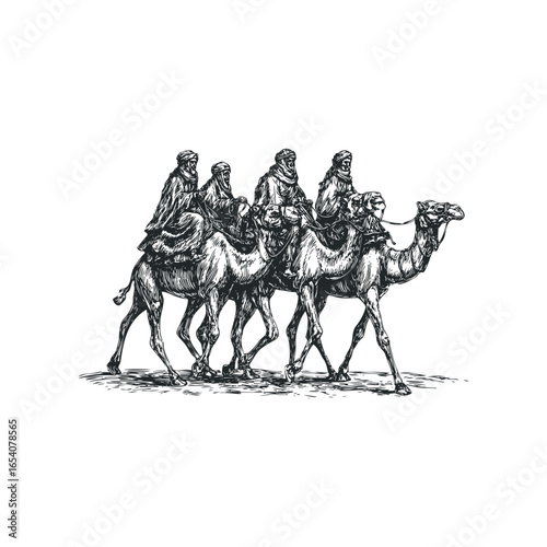 Four travelers riding camels across a desert landscape