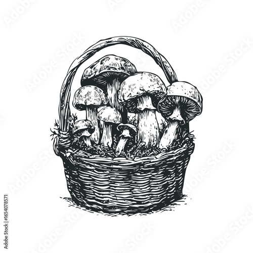 Vintage engraving of basket filled with assorted mushrooms