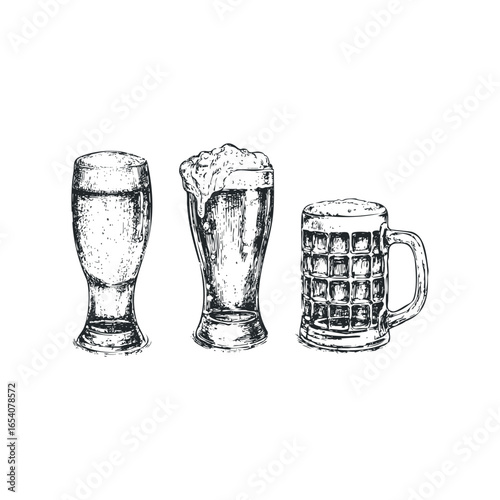 Three sketched glasses filled with beer and frothy foam