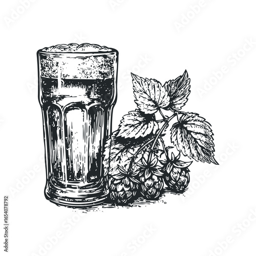 Glass of frothy beer with hops plant