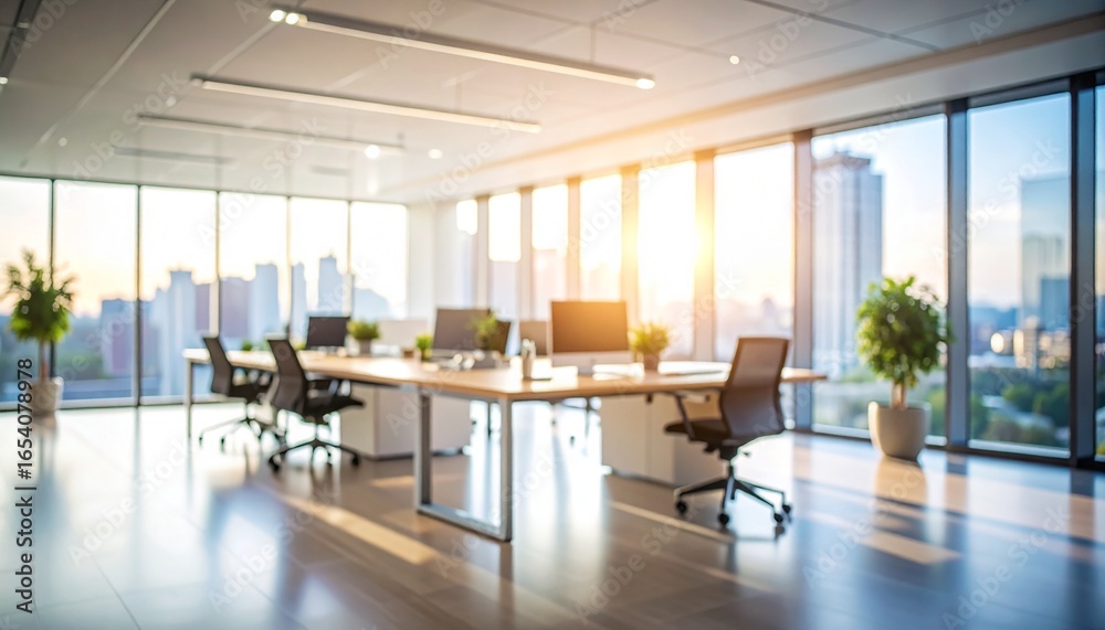 Fototapeta premium Beautiful blurred background of a light modern office interior with panoramic windows and beautiful lighting.