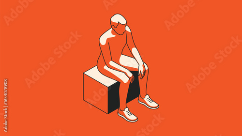 A stylized illustration of a person sitting on a cube against an orange background in a simple style