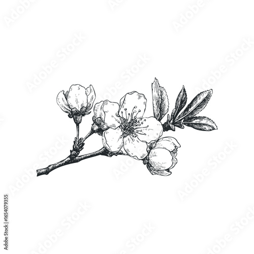 Detailed sketch of plum tree blossoms with leaves on a white background