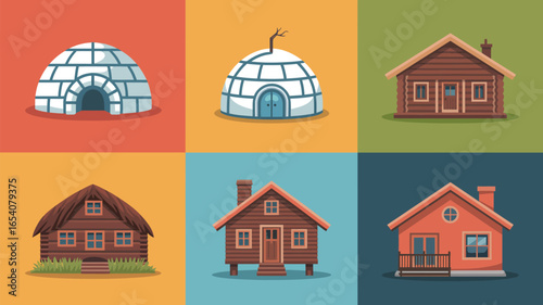 A collection of six cartoon houses including igloos and log cabins in a grid format layout style