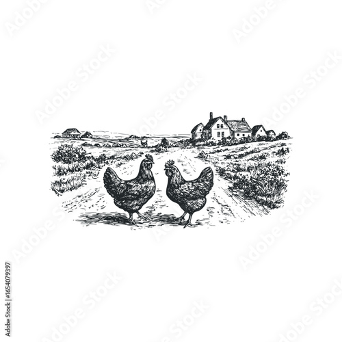 Two Chickens on a Dirt Path Leading to Farmhouses in a Rural Landscape