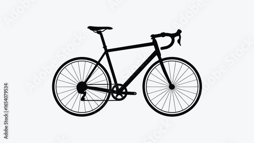 A silhouette of a road bicycle with drop handlebars and thin tires against a white background