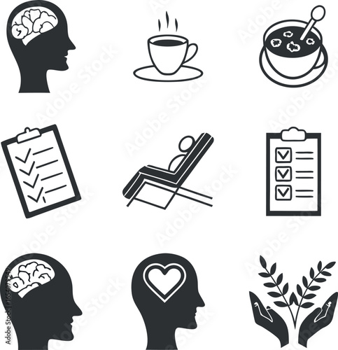 Vector art of set of icons representing mind, health, and relaxation