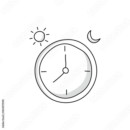 A simple doodle of a clock with a sun and moon, symbolizing the time of day. This hand-drawn vector sketch is perfect for themes of schedules, routines, and the 24-hour cycle.