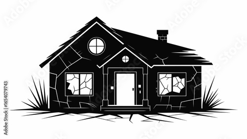A monochrome illustration of a dilapidated house with broken windows and cracked walls in silhouette