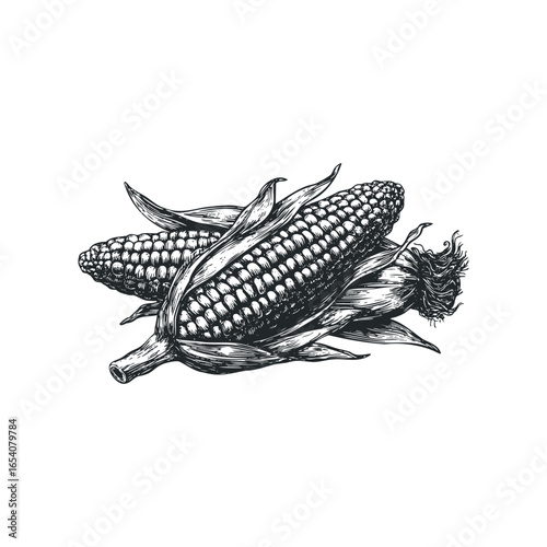 Engraved Style Pair of Sweet Corn Cobs with Husks