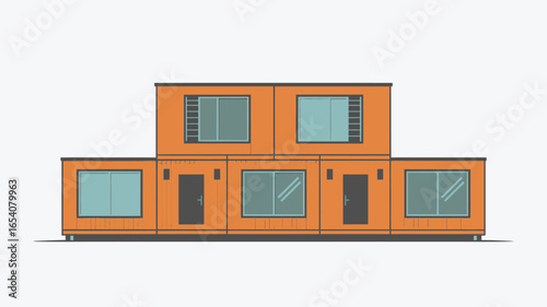 A minimalist illustration of a prefabricated orange modular home with windows and doors on a white background