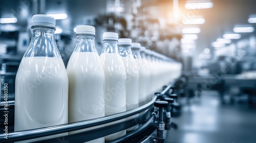 Milk Bottles On Conveyor Belt In Modern Dairy Processing Plant