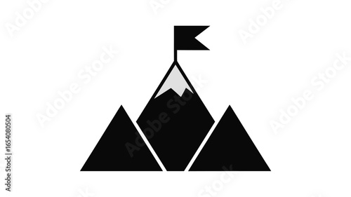 A minimalist illustration of three black triangular mountains with a flag on the central peak