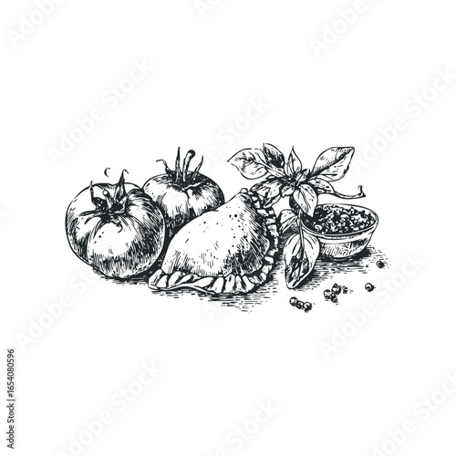 Hand Drawn Sketch of Empanadas with Tomatoes and Basil
