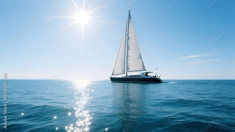 Fototapeta premium Sailboat Gliding on Calm Waters Under a Bright Sun