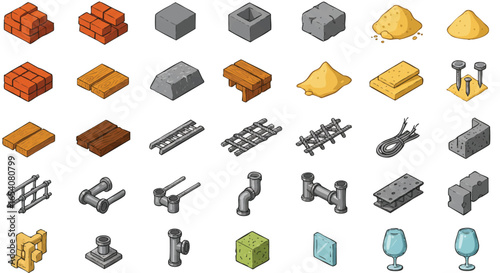 Isometric construction elements, including bricks, sand, concrete blocks, and pipes, are arranged on a white background, perfect for architectural design and building projects.