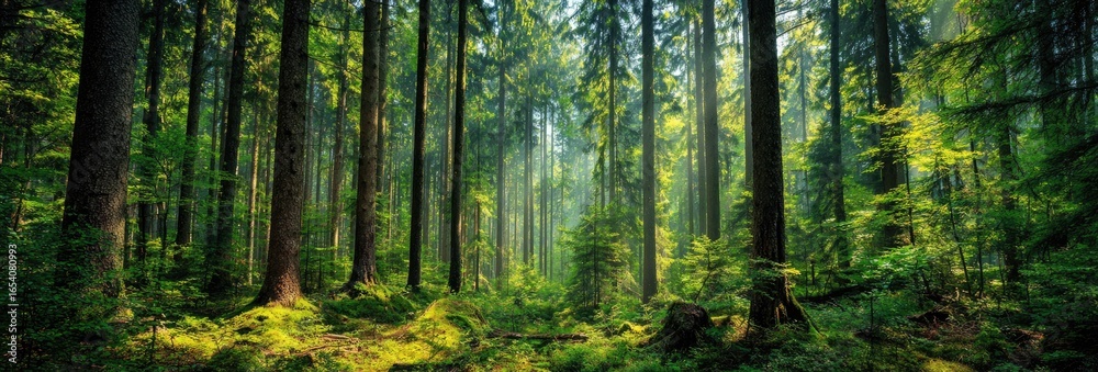 Naklejka premium Lush green forest bathed in sunlight (1)