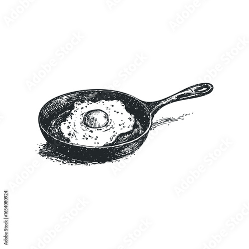 Vintage sketch of a fried egg sizzling in a cast iron pan