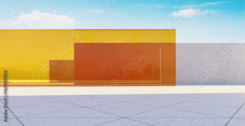 3d rendering modern architecture exhibiting orange and yellow glass panels under blue sky