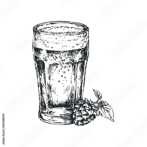 Glass of beer with hop cones and leaves sketch