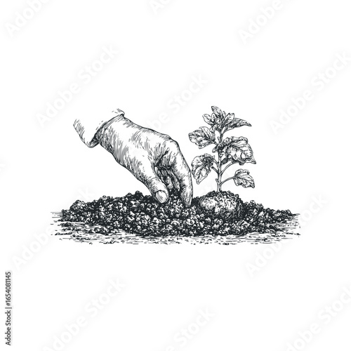 Hand planting a seedling in fertile soil with detailed sketch style