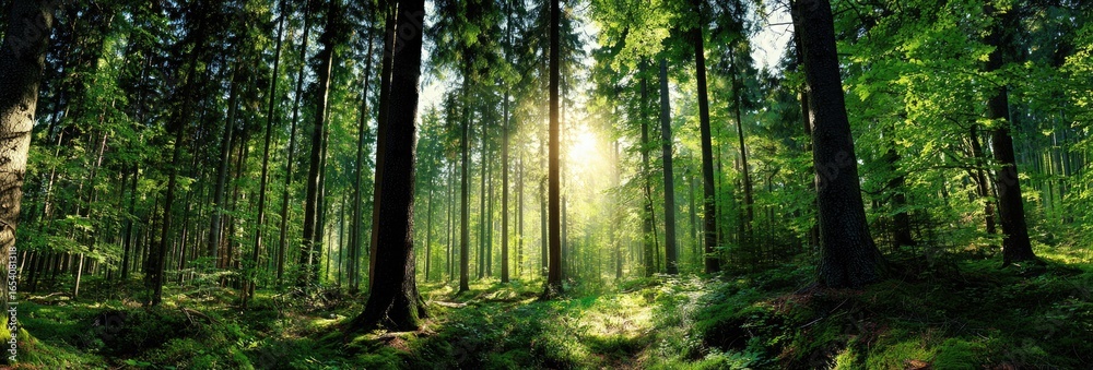 Obraz premium Sunlight filters through a dense forest canopy