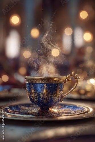 Golden Ornate Blue Tea Cup With Steam And Blurred Background