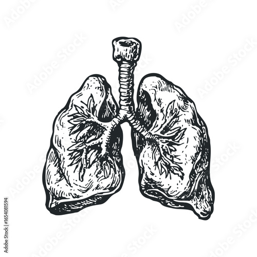 Vintage style depiction of human lungs and trachea on white background