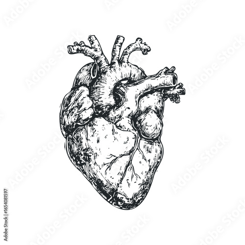 Detailed black and white sketch of a human heart with arteries and veins