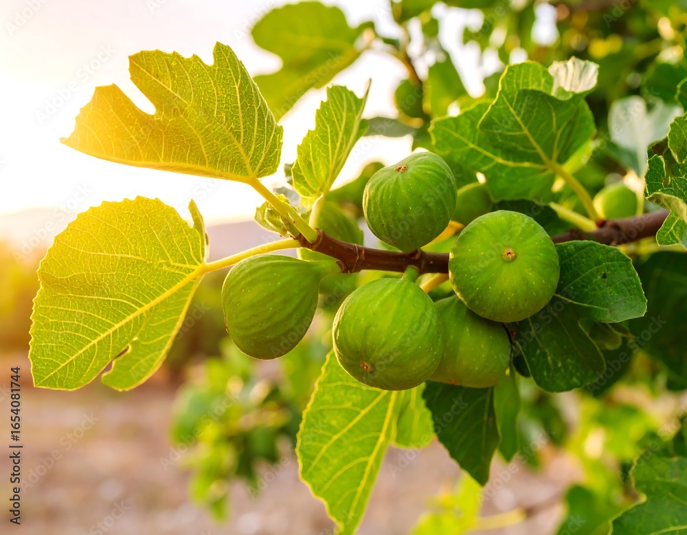 Fototapeta premium Close-up of fresh figs on a branch at sunset