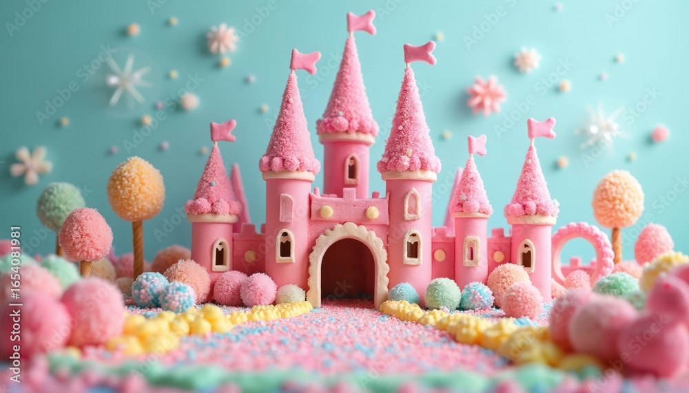 Obraz premium Pink candy castle with pastel sugar-coated decorations. Whimsical fantasy land features gummy trees and edible treats. Dreamlike, playful scene with imaginative confectionery details.
