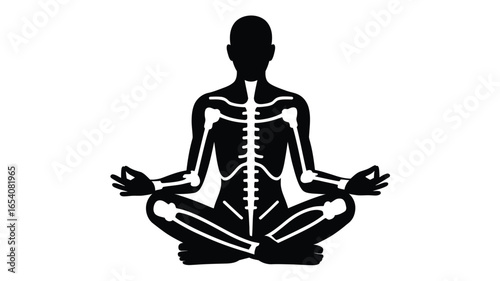 A black silhouette of a person in a lotus position with a visible skeletal system illustration