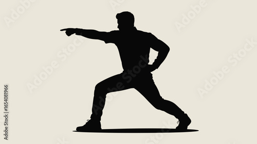 Silhouette of a man pointing forward with one hand on his hip and legs in a lunge position