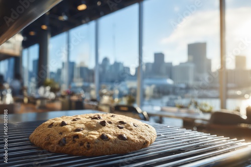 Chocolate Chip Cookie On Wire Rack With City View