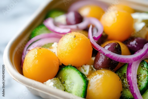 Close Up Vibrant Greek Salad With Cantaloupe