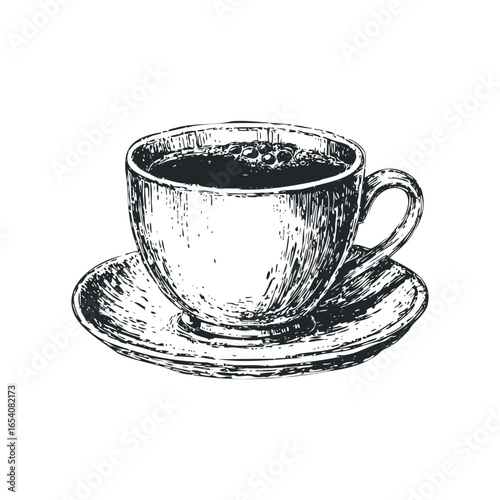 Sketch of a Coffee Cup and Saucer with Bubbles
