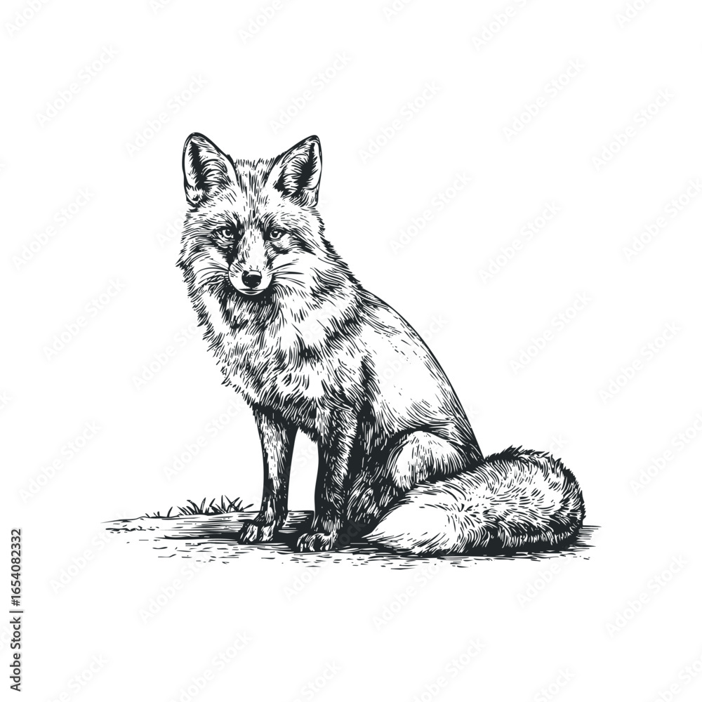 Obraz premium Detailed black and white line drawing of a fox sitting attentively on grassy ground